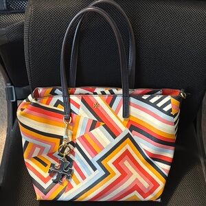 Tory Burch Red and Orange Geometric Tote